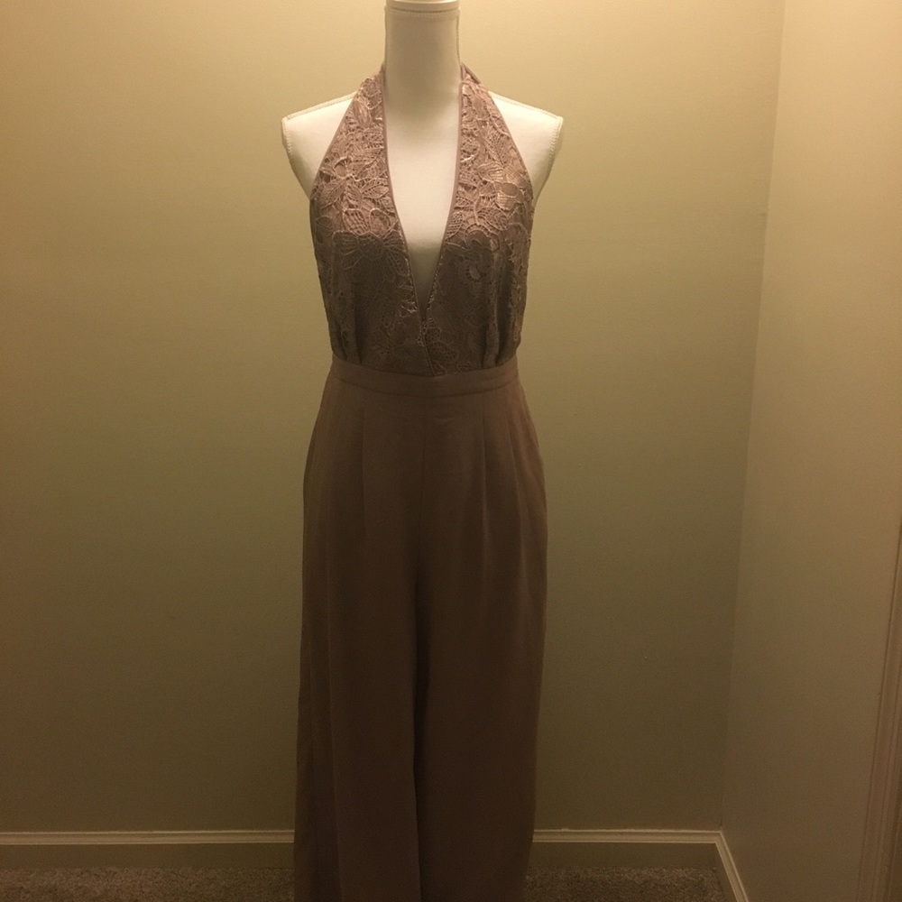 Open back lace front halter jumpsuit